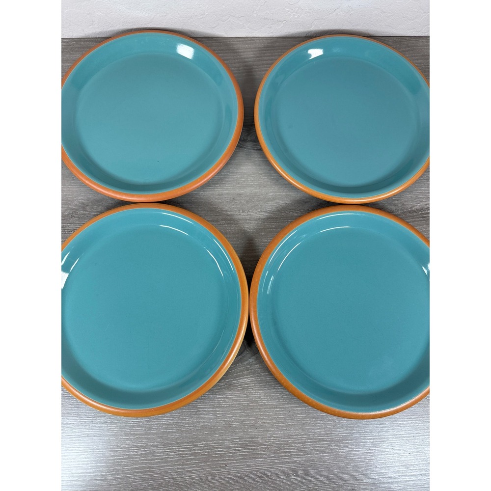 Crown Corning Japan Turquoise Teal Terracotta Rim Salad Plates Set of 4 MCM 7.5"